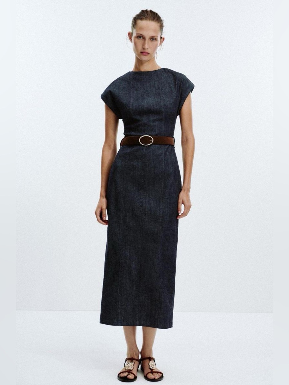 ZARA Dark Denim effect Midi Sheath Dress with Brown Belt - XL